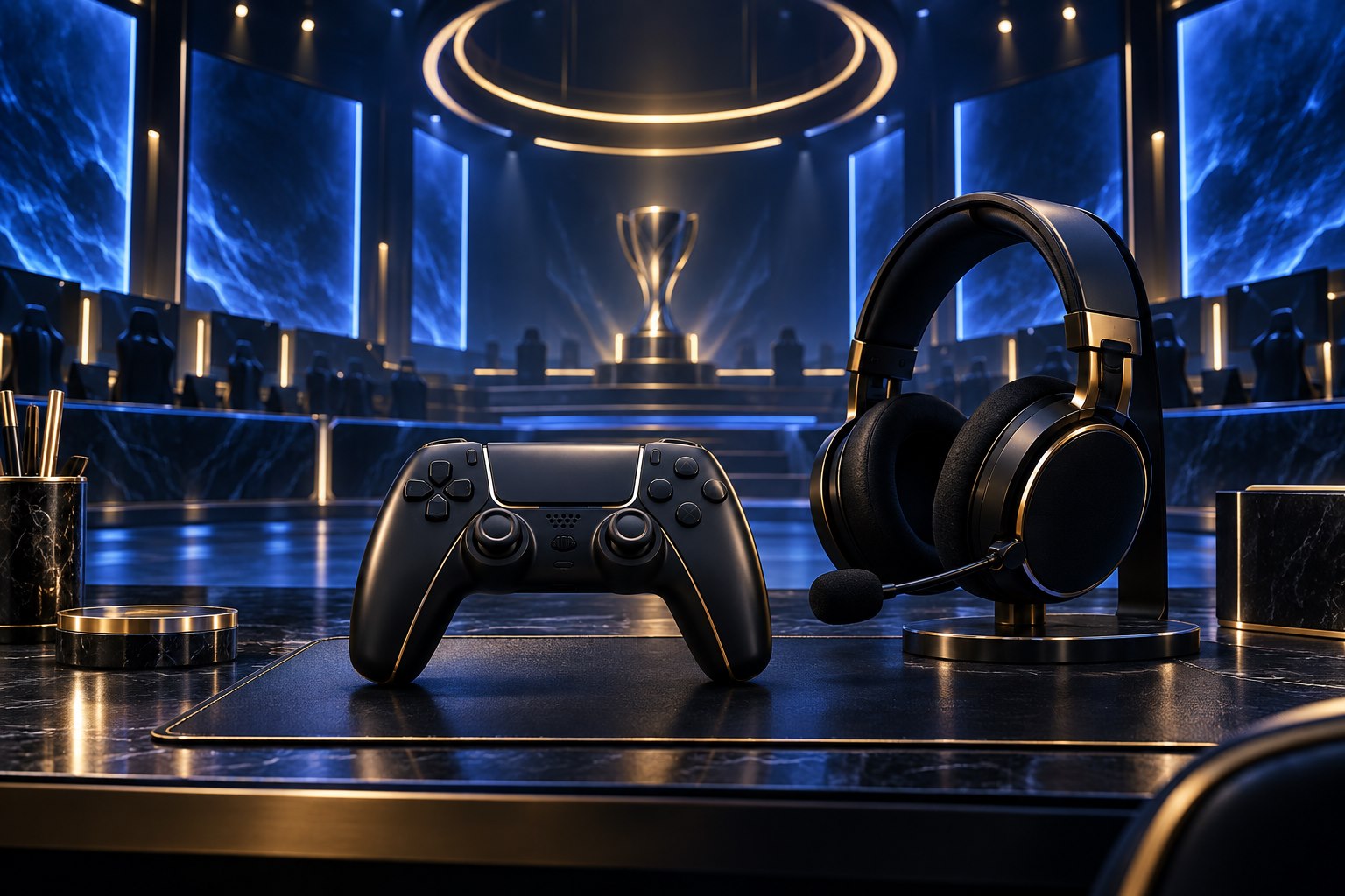 จอยเกมกับหูฟังหน้าฉากอีสปอร์ตสีน้ำเงิน ภาพประกอบหมวดอีสปอร์ต CLUB8